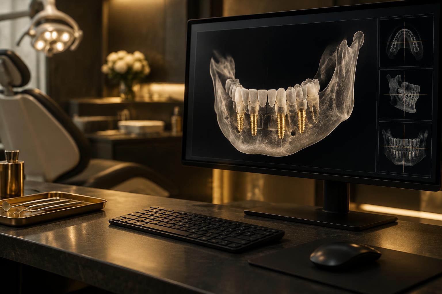Monitor con una planificación tridimensional de la mandíbula e implantes previstos