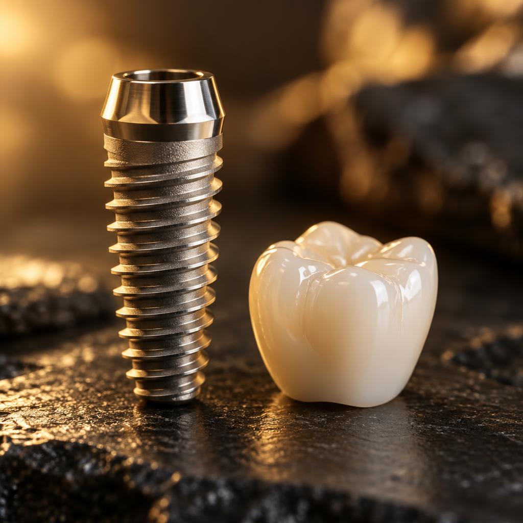 Implante dental de titanio junto a una corona de cerámica sobre un fondo oscuro